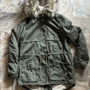 Divided Olive Green Military Jacket with Faux Fur Hood